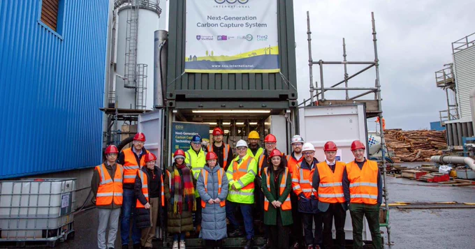 Group photo of visitors at the UPM Caledonian papermill in Irvine to see the Flue2Chem carbon capture project
