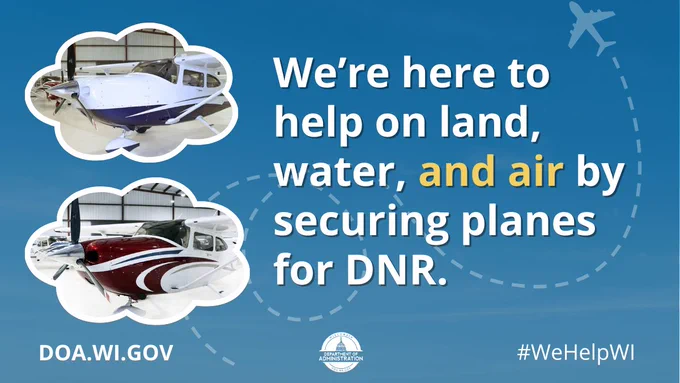 Cloud-shaped propeller airplanes border text that reads "We're here to help on land, water, and air by securing planes for DNR." DOA website, logo, and #WeHelpWI across the bottom.