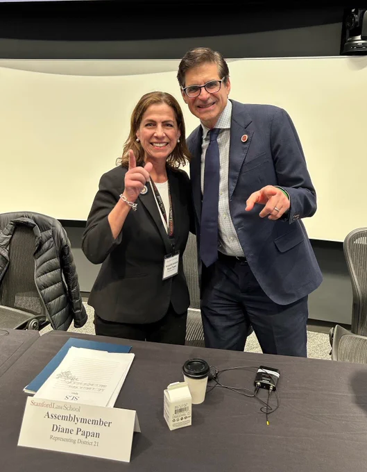 Assemblymember Diane Papan pictured left with Senator Josh Becker pictured right at the Stanford symposium on the New Administration, New Legal Landscape: Navigating Emerging Legal Issues Between California and the Federal Government.
