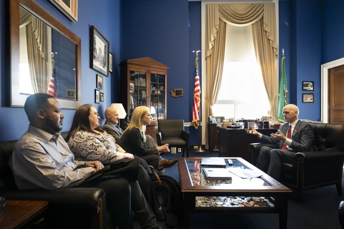 Seattle CARE Department Chief Amy Barden, Seattle Police Department Deputy Chief (Retired) Eric Barden, CARE Deputy Chief Charlotte Joseph and Strategic Advisor Davonte Belle, visiting U.S Congressman Adam Smith at U.S. Capitol House of Representatives.