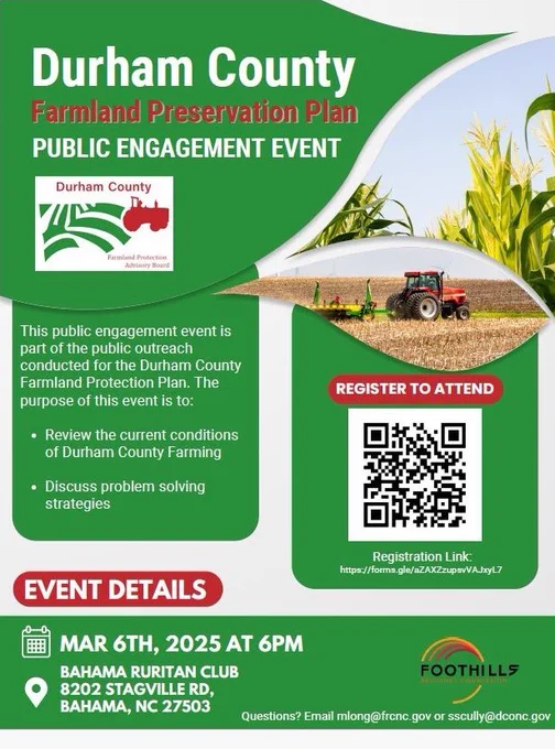Flyer with QR code for Durham County Farmland Preservation Plan public engagement event on March 6 at 6 p.m. Scan code to register to attend.