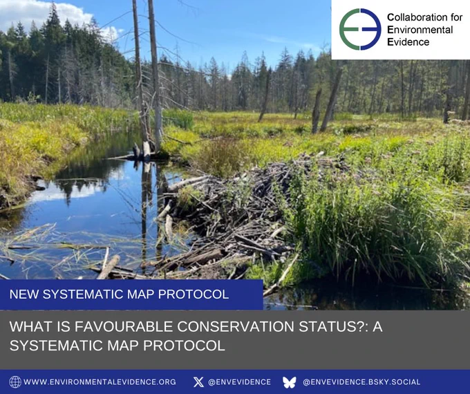 Beaver lodge surrounded by water and trees. The Collaboration of Environmental Evidence logo is shown in the upper right corner, while in the foreground at the bottom of the image are the words "New systematic map protocol" and the title of the paper "What is favourable conservation status?: A systematic map protocol". Photo by Vera Sidorova on Unsplash