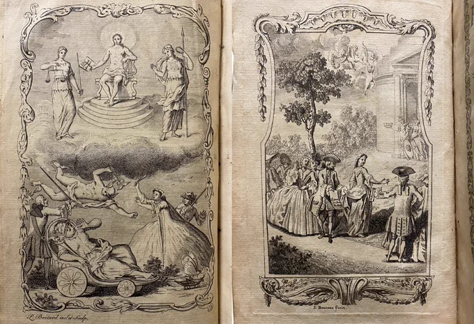 Image of two frontispieces from volumes 2 and 4 of the 18th-century periodical The Female Spectator.
