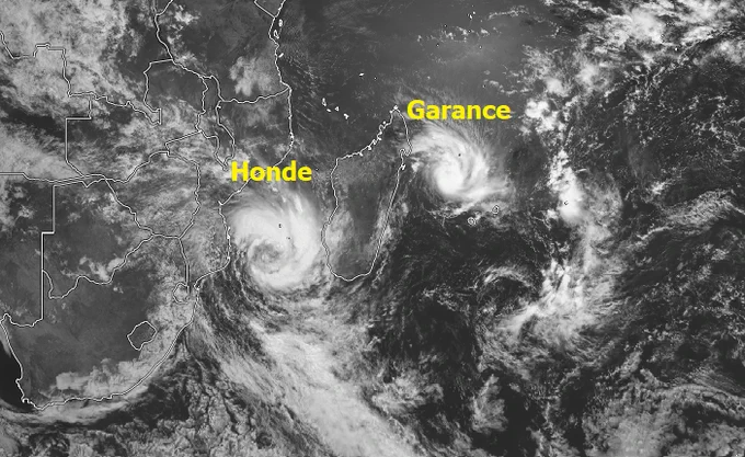 Satellite image of Tropical Cyclones Honde and Garance