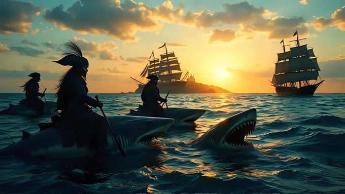 The image of the pirates that float on the saddled sharks by the sea. On the horizon of the island of the dead ships