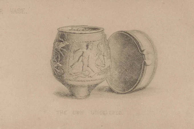 Sketch of an ornate urn with its lid removed and placed beside it. The urn features intricate relief designs, including human figures and mythological creatures, possibly depicting a narrative scene. Detailed carvings of animals, such as deer or stags, are visible on the sides. The lid is rounded with small protrusions for handling. The text below reads, "THE URN UNCOVERED." The drawing is rendered in shades of grey on a beige background, giving it a vintage, antiquarian appearance.