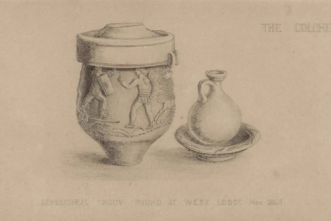 Sketch depicting a sepulchral group consisting of an ornate urn with a fitted lid and a smaller jug resting on a shallow dish. The urn is decorated with detailed relief scenes showing armoured figures engaged in combat or ritual, surrounded by swirling patterns. The smaller jug has a rounded body with a narrow neck and a single handle positioned on an intricately designed dish. The text below reads, "SEPULCHRAL GROUP FOUND AT WEST LODGE Nov 1853." The drawing is rendered in fine shading on a beige background, giving it an antiquarian and historical appearance.