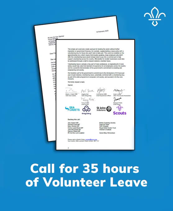 A letter from various organisations including Scouts, Sea Cadets, Girlguiding and St. John's Ambulance, next to signatures advocating for 35 hours of volunteer leave. Below is a large text stating "Call for 35 hours of Volunteer Leave."