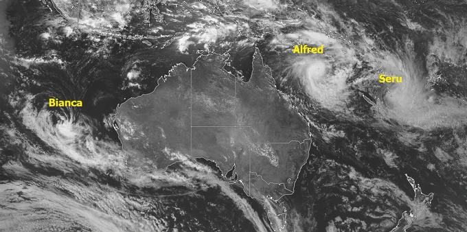 Satellite image of Tropical Cyclones Bianca, Alfred and Seru