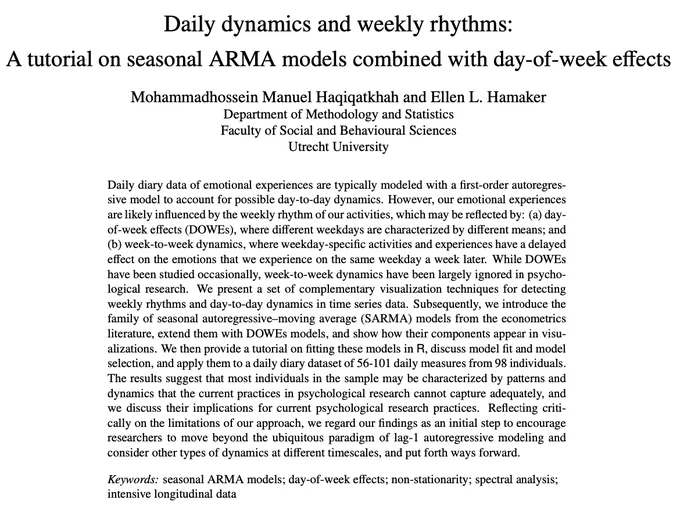 Screenshot of the preprint of a paper (doi.org/mjjq) by M. M. Haqiqatkhah and E. L. Hamaker titled:

Daily dynamics and weekly rhythms: A tutorial on seasonal ARMA models combined with day-of-week effects.