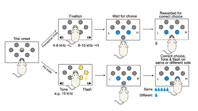 Diagram of the perceptual gambling task. Rats need to report whether a tone is lower or higher than 8KHz. On some trials a flash on the right (or left) indicates that correct responses to the side of the flash will result in a higher reward. But errors are never rewarded. Credit - Jeff Erlich.