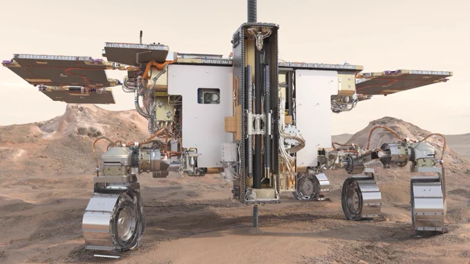  The ExoMars Rosalind Franklin rover drill system penetrating the martian soil. 