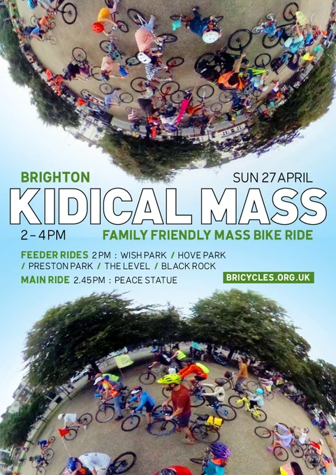 Kidical Mass flyer featuring 360 degree photo by Nick Sayers.