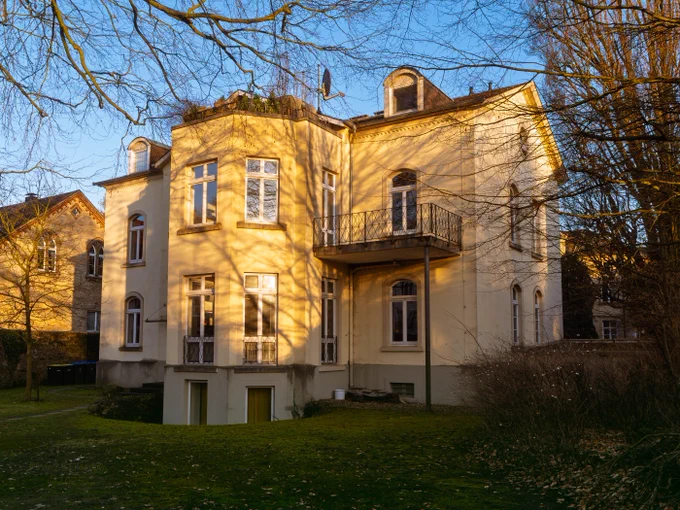 A picturesque house bathed in the golden light of sunset, with tree branch shadows creating a natural pattern on its facade.
