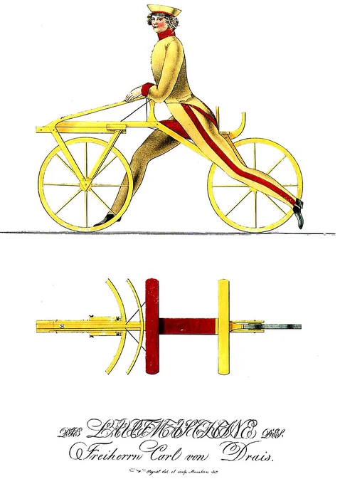 A 19th century illustration of a man dressed in red and yellow on a dandy horse. 
