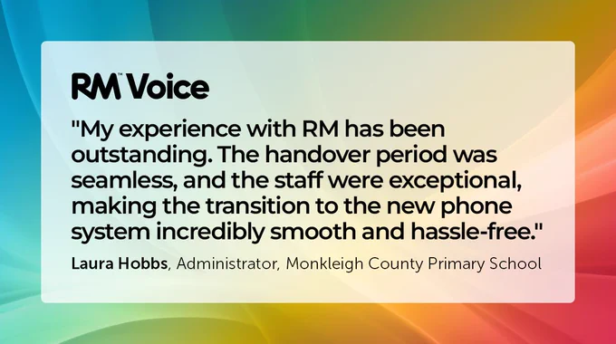 The image shows the RM Technology logo and the RM Voice product range logo. The quote is from Laura Hobbs, Administrator at Monkleigh County Primary School.