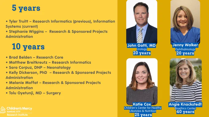 This graphic has a darker marigold color on the back right side and a lighter yellow color on the back left side. On the right are photos of 4 people who are celebrating 20, 25, and 40 years at Children's Mercy.  On the left is a list broken down by those celebrating 5 and 10 years. The list includes the person's name and department.
