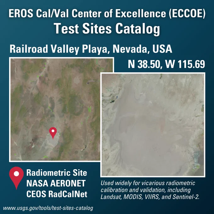 Example of a radiometric site from the EROS Cal/Val Center of Excellence (ECCOE) Test Sites Catalog, showing the Railroad Valley Playa site in Nevada, USA.