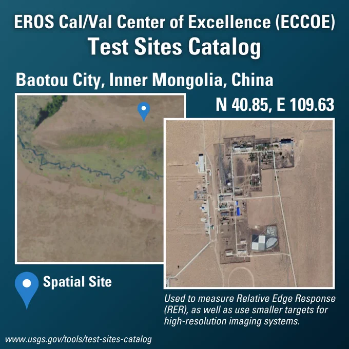 Example of a spatial site from the EROS Cal/Val Center of Excellence (ECCOE) Test Sites Catalog, showing the Baotou City site in Inner Mongolia, China.