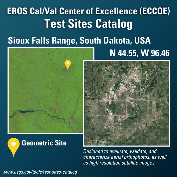 Example of a geometric site from the EROS Cal/Val Center of Excellence (ECCOE) Test Sites Catalog, showing the Sioux Falls Range site in South Dakota, USA.