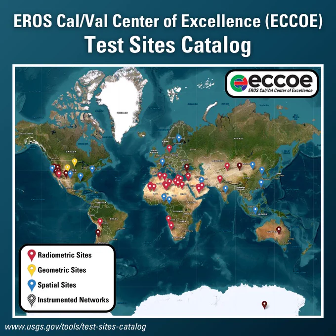 Map of the EROS Cal/Val Center of Excellence (ECCOE) Test Sites Catalog, showing the locations of radiometric, geometric, spatial, and instrumented network sites across the globe.