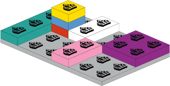 Illustration of colourful interlocking blocks with GOV.UK crown connectors on a grey base.