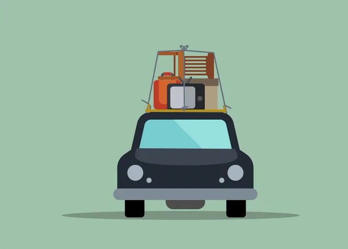 A cartoon image of a car with various items strapped to the top of the car.