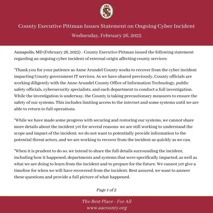 County Executive Pittman's statement on ongoing cyber incident.