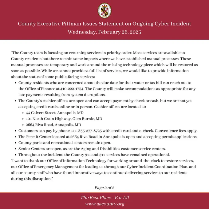 County Executive Pittman's statement on ongoing cyber incident.