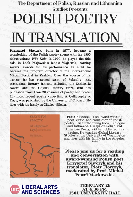 A flyer with text describing the author and translator, Krzysztof Siwczyk and Piotr Florczyk. Black and white author headshot in upper right  corner and orange book cover (featuring line art) in lower left corner. 