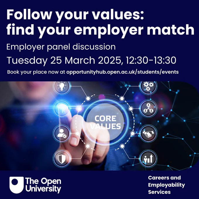 OU Careers and Employability Services present 

Follow your values: find your employer match

Employer panel discussion 

Tuesday 25 March 2025, 12:30 - 13:30

Photo of man using touch screen which says 'Core values'