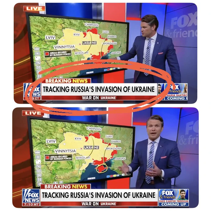 Pete Hegseth on FOX NEWS with headline chyron that reads: Tracking Russia’s Invasion of Ukraine.