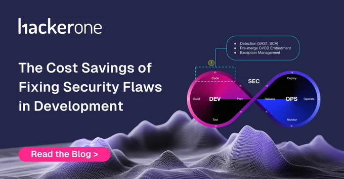 HackerOne
The Cost Savings of Fixing Security Flaws in Development

Illustration of a software development lifecycle (SDLC) diagram highlighting security controls and safeguards in the "Code" phase:
- Detection (SAST, SCA)
- Pre-merge CI/CD Embedment
- Exception Management