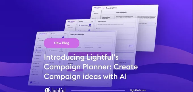 Image showing three browser windows stacked on top of each other, with the heading 'introducing Lightful's campaign planner: create campaign ideas with AI'
