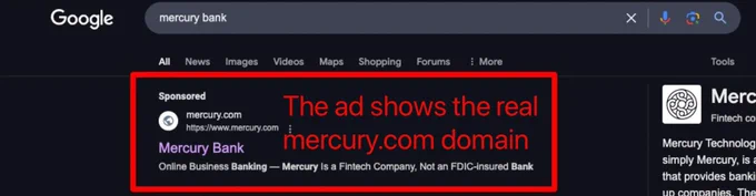 Screenshot of a google ad for mercury.com. A caption reads "the ad shows the real mercury.com domain"