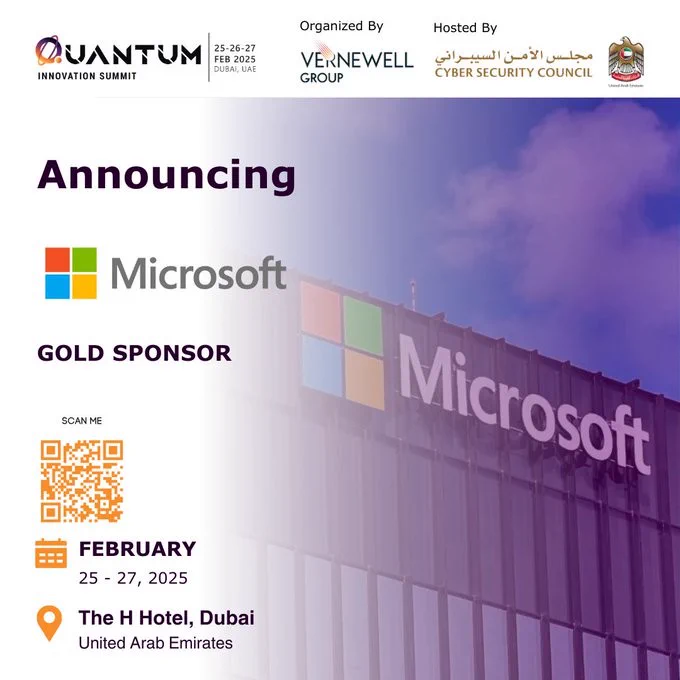 Promotional flyer highlighting Microsoft as a gold sponsor for the Quantum Innovation Summit in Dubai.