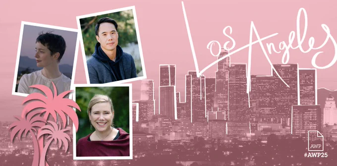 Headshots of three National Book Foundation event participants with pink #AWP25 Los Angeles branding