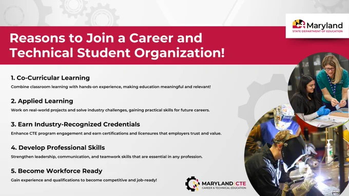 Infographic titled 'Reasons to Join a Career and Technical Student Organization.' It features five bullet points, and the images include a student welding and a teacher helping a student in a nursing class.