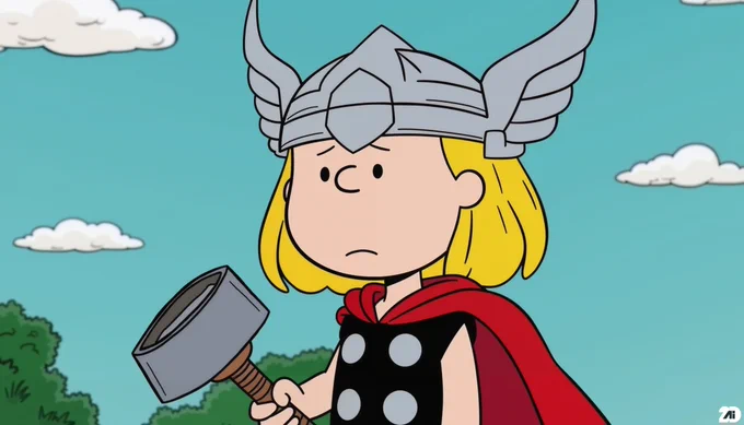 Prompt: Thor, still from The Charlie Brown and Snoopy Show cartoon of a background, close up