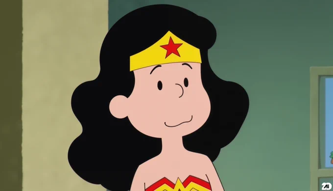 Prompt: Wonder Woman, still from The Charlie Brown and Snoopy Show cartoon of a background, close up