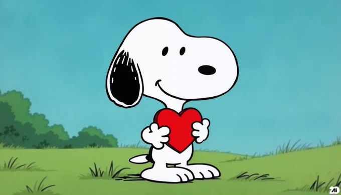 Prompt: Snoopy holding red heart, still from The Charlie Brown and Snoopy Show cartoon of a background, close up