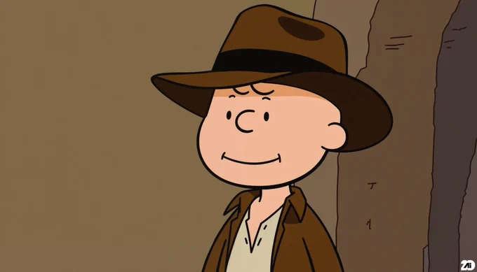 Prompt: Indiana Jones, still from The Charlie Brown and Snoopy Show cartoon of a background, close up