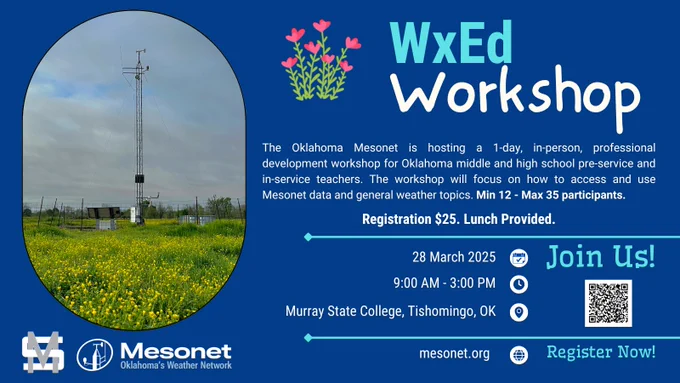 WxEd Workshop announcement on a blue background with a Mesonet tower in a field of yellow wildflowers and green grass. The text reads - The Oklahoma Mesonet is hosting a 1-day, in-person professional development workshop for Oklahoma middle and high school pre-service and in-service teachers. The workshop will focus on how to access and use Mesonet data and general weather topics. Min 12 to max 35 participants. Registration $25. Lunch provided. 28 March 2025. 9am to 3 pm. Murray State College, Tishomingo, OK. Register at mesonet.org or use the QR code.