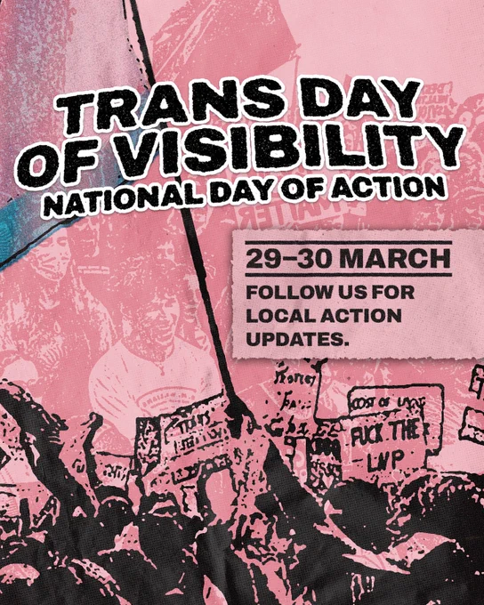 TRANS DAY OF VISIBILITY: NATIONAL DAY OF ACTION!

From the 29th to 30th of March.

Follow the Pride in Protest page for local action updates.