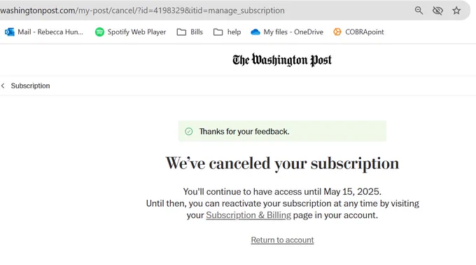 screenshot of my the confirmation screen for my Washington Post subscription cancellation