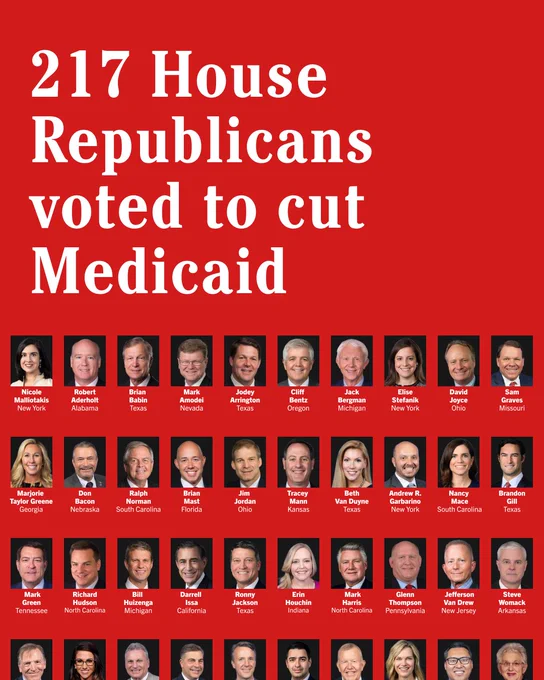 Graphic showing a collage of photos of House Republicans, with their names listed below each photo, set against a red background with white text at the top reading:

'217 House Republicans voted to cut Medicaid'
