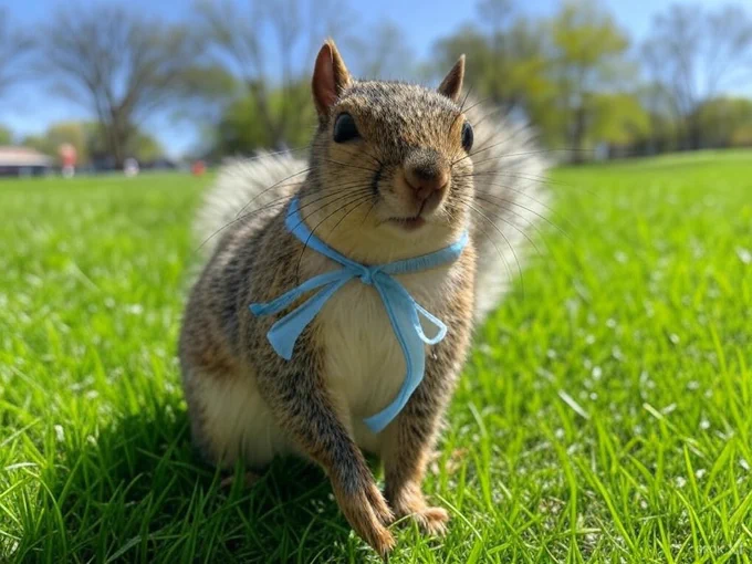 A squirrel wearing a light blue ribbon