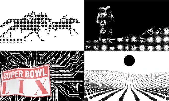 The image has four black-and-white sections using a halftone dot pattern and a red-and-white banner. The top left shows galloping horses in motion. The top right depicts an astronaut on a cratered surface, likely the Moon. The bottom left features a red flag with “Super Bowl LIX” against a circuit-like background. The bottom right presents a surreal landscape with a black sun and wave-like dotted ground. The design is minimalist and futuristic, using high contrast and halftone for depth and texture.