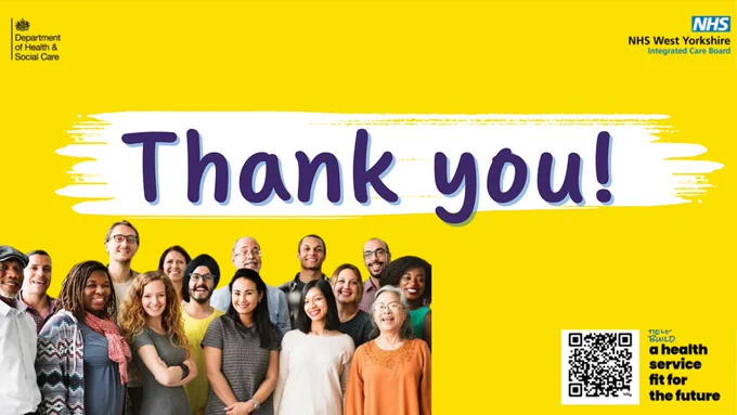 A group of people smiling and looking forward against a yellow background. The text reads ‘Thank you’.