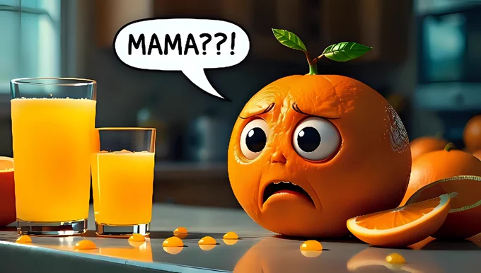 A cinematic close-up of a round, cute orange with big, expressive eyes, sitting on a kitchen counter next to a glowing glass of fresh orange juice. The orange looks horrified, staring into the glass with a speech bubble that says, “MAMA?!” Scattered orange slices and juice drops surround it. Dramatic lighting, warm and cool tones, whimsical yet dark mood, realistic but animated style.  